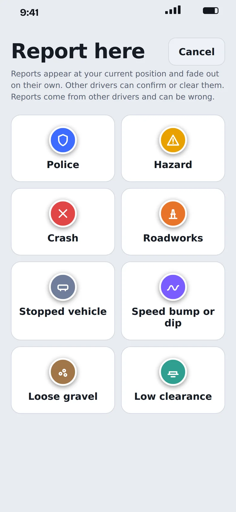 The Report here screen with eight report types including Police, Hazard, Crash and Roadworks.