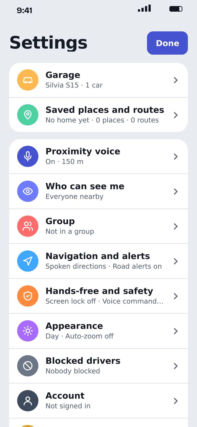 The Settings list with Garage, Saved places, Proximity voice, Who can see me and more.